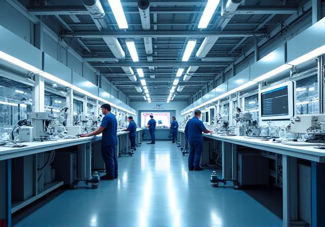 Inside the Abyss Vision research and development facility, showing advanced equipment and focused engineers.