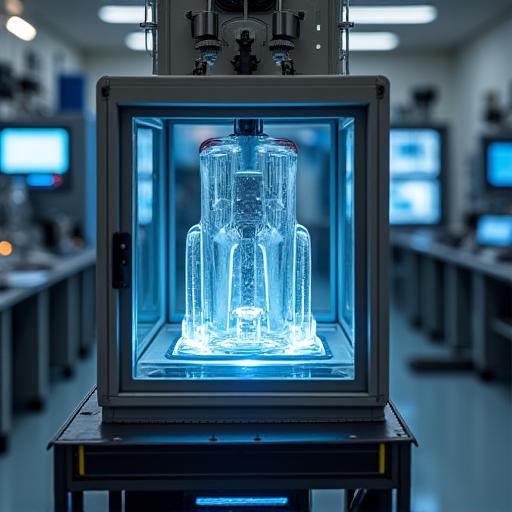 A specialized chamber testing advanced material samples under extreme pressure for deep-sea applications.
