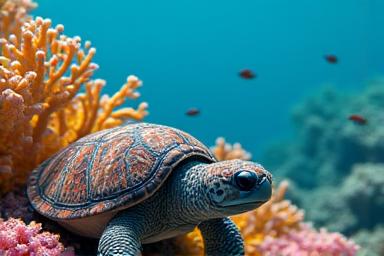 A Metamask resembling a sea turtle subtly observing a vibrant coral reef, emphasizing non-invasive monitoring.