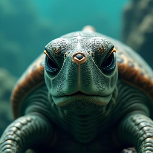 A close-up view of a biomimetic Metamask resembling a sea turtle, blending seamlessly with ocean surroundings.