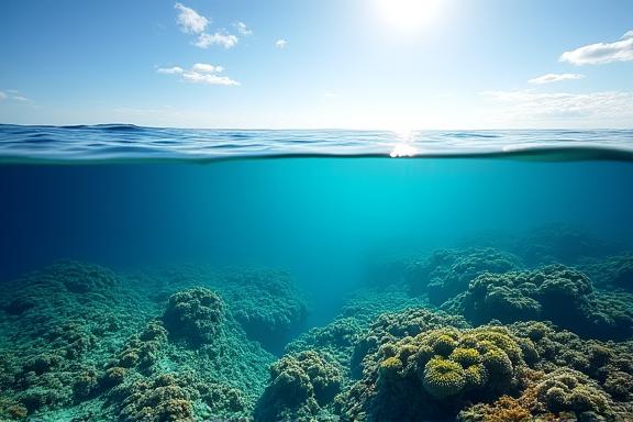 A split-view image showing a pristine ocean surface contrasting with a healthy, vibrant coral reef teeming with marine life, symbolizing sustainability.